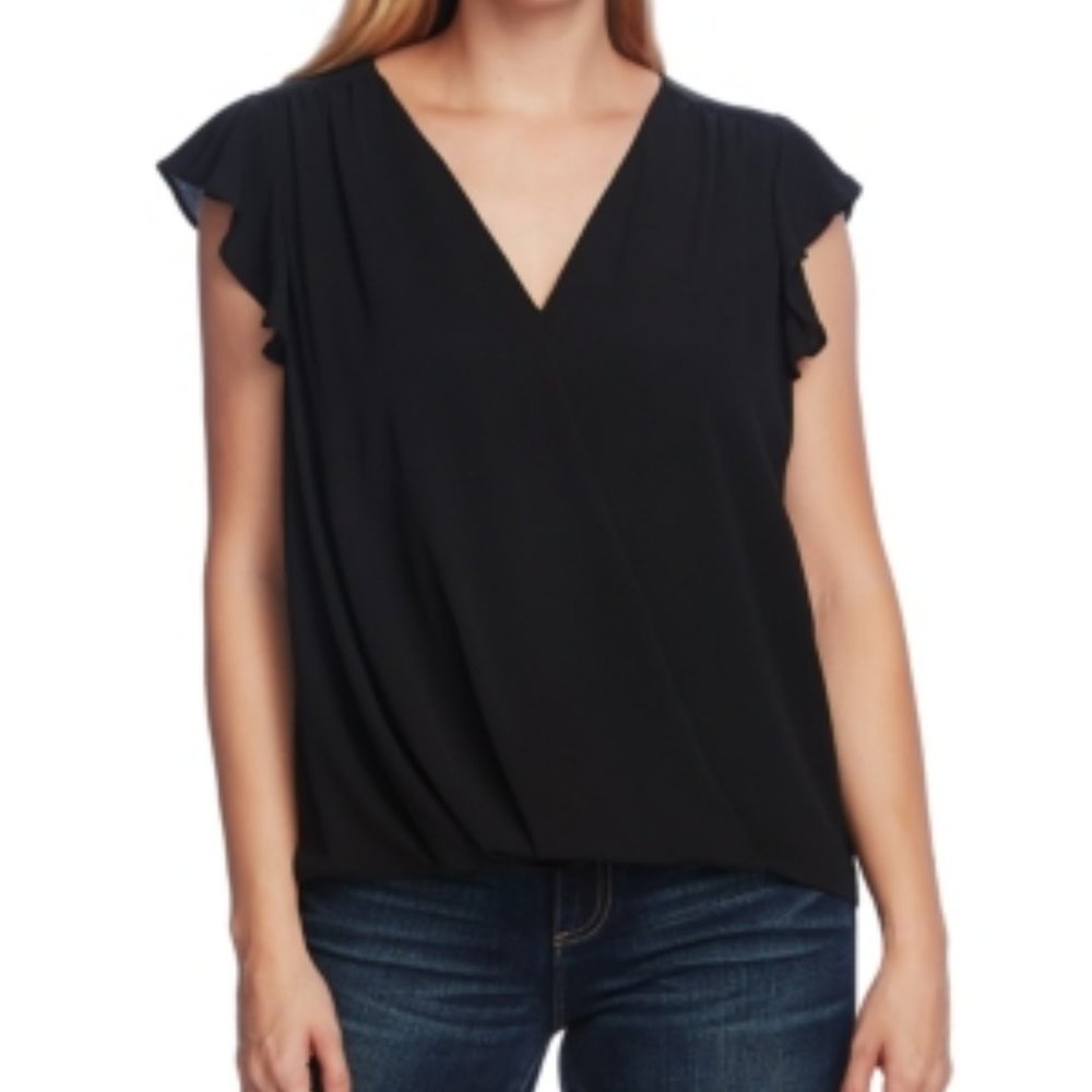 Vince Camuto Flutter Sleeve Wrap Front Blouse, Size Medium in Rich Black